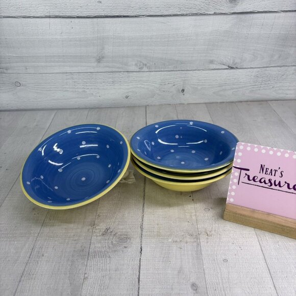Epoch SPINNERS LEMON Yellow White Polka Dots Ceramic Rim Soup Cereal Bowls Set 4